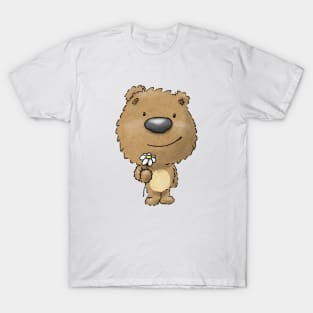 Cute happy brown bear holding french daisy flower T-Shirt